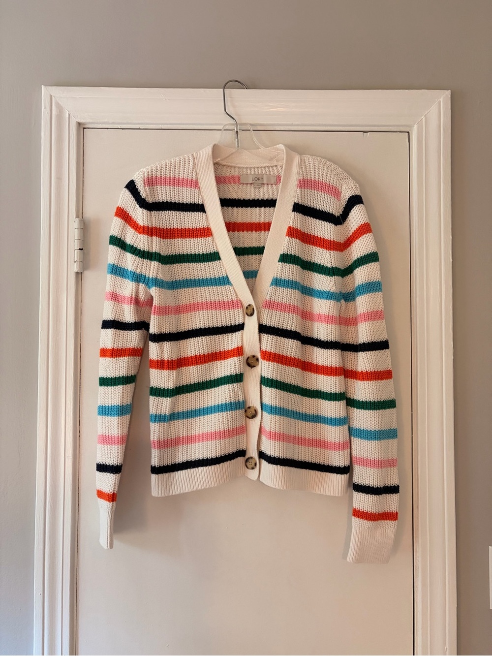 LOFT Ivory Multicolor Striped V‑Neck Button Cardigan